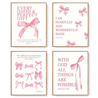 Set of 4 Elegant Bowknot Wall Art Pieces with Inspirational Quotes - Frameless Decor for Living Room Bedroom or Nursery