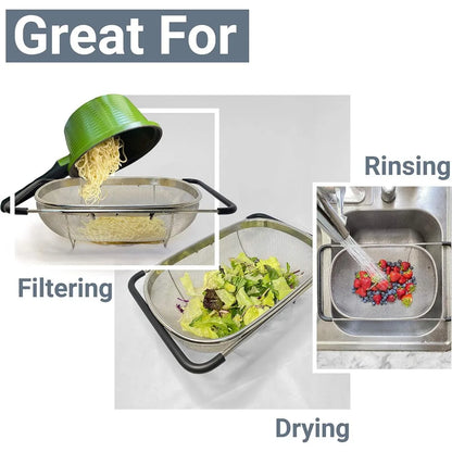 Over the Sink Colander Strainer Basket Stainless Steel, For Kitchen Sink with Rubber Grip, Fine Mesh, Large Kitchen Gadgets Too