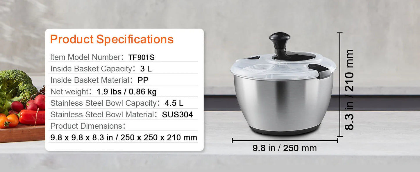 SucceBuy Stainless Steel Salad Spinner 4.75Qt One-handed Easy Press Large Vegetable Dryer Washer Lettuce Cleaner and Dryer