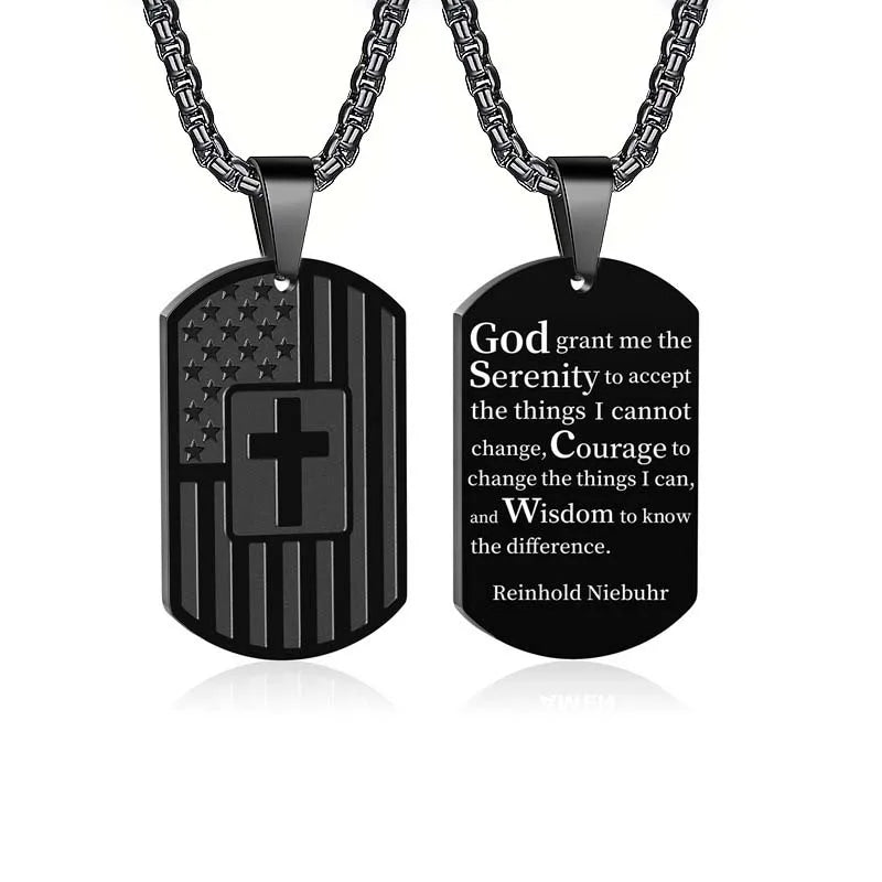 Stainless Steel USA Flag Bible Verse Cross Necklace