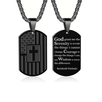 Stainless Steel USA Flag Bible Verse Cross Necklace