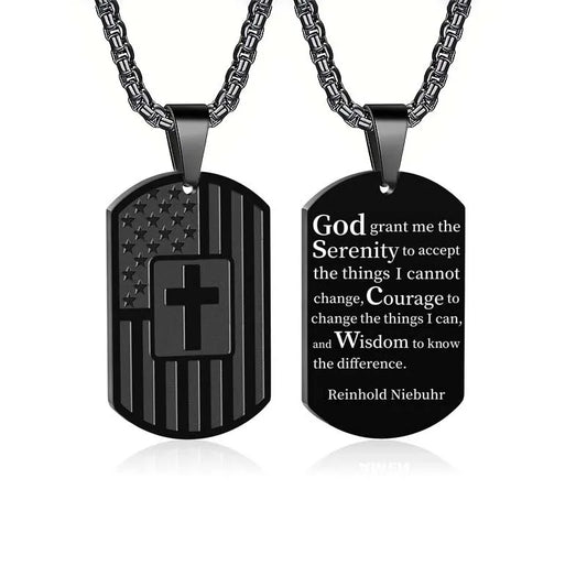 Stainless Steel USA Flag Bible Verse Cross Necklace