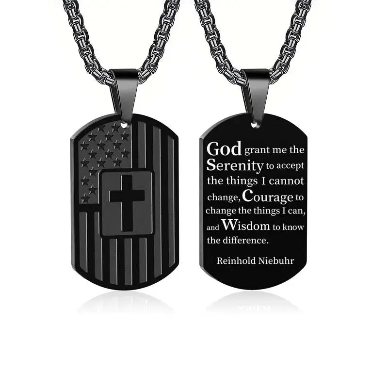 Stainless Steel USA Flag Bible Verse Cross Necklace