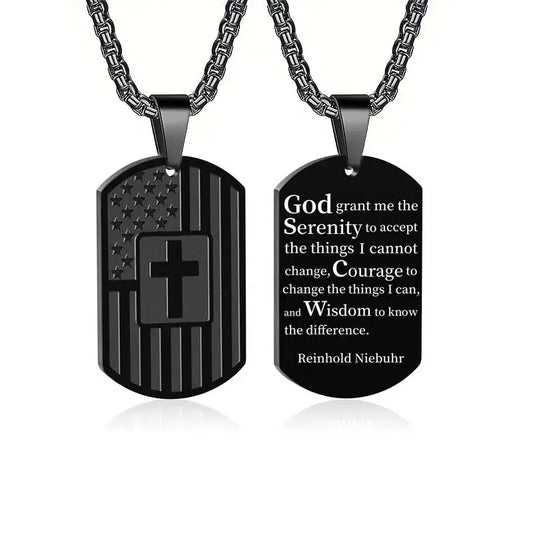 Stainless Steel USA Flag Bible Verse Cross Necklace