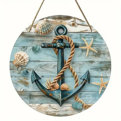 Rustic Round Wreath Sign - Aluminum Beach-Inspired Decor | Ocean Theme for Home|Weatherproof Metal, Nautical Wreath Design