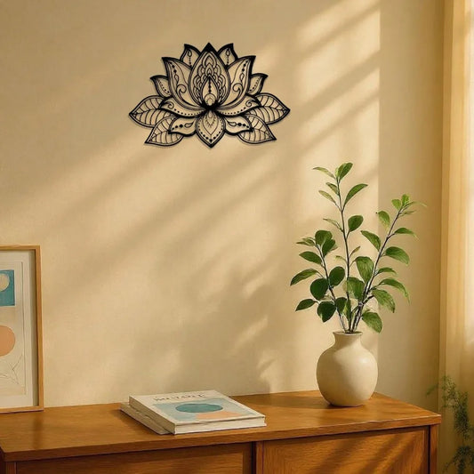 Bohemian Metal Wall Art Black Mandala - Lotus Flower Decor for Living Room Bedroom Office - Zen Meditation Home Hanging