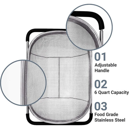 Over the Sink Colander Strainer Basket Stainless Steel, For Kitchen Sink with Rubber Grip, Fine Mesh, Large Kitchen Gadgets Too