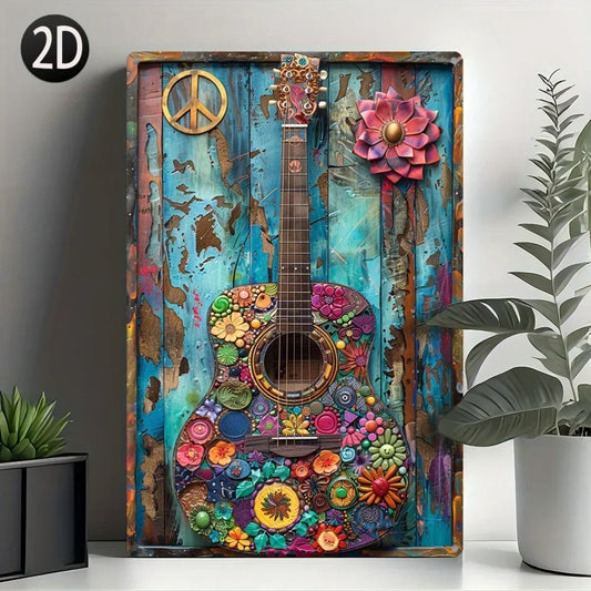 Vintage Hippie Guitar Aluminum Tin Sign - Wall Mountable No Electricity, Retro Home Decor Art