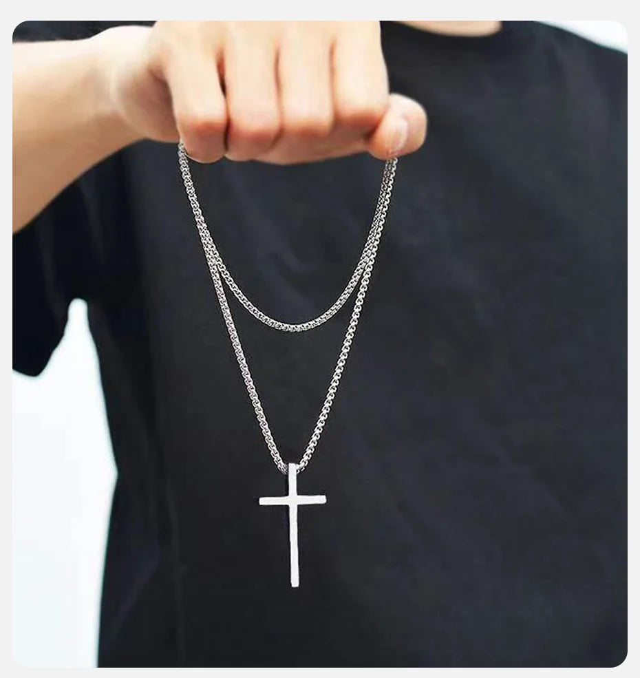 Cross Necklace for Men Women Silver Metal Pendant Stainless Steel Chain