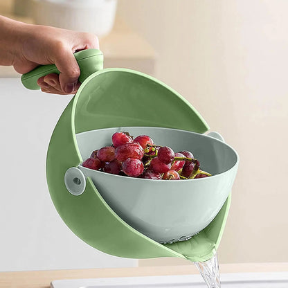 2 in 1 Kitchen Colander Set, Vegetable and Fruit Rotating Cleaning Colander with Handle, for Fruits Vegetables Pasta Noodles Was