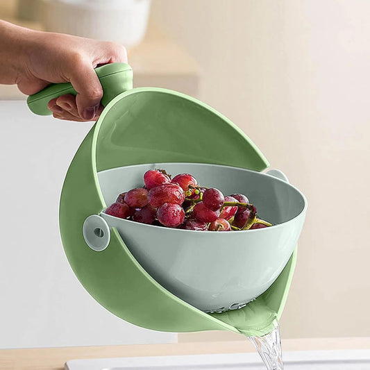 2 in 1 Kitchen Colander Set, Vegetable and Fruit Rotating Cleaning Colander with Handle, for Fruits Vegetables Pasta Noodles Was