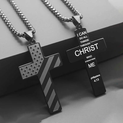Stainless Steel USA Flag and Cross Bible Verse Necklace