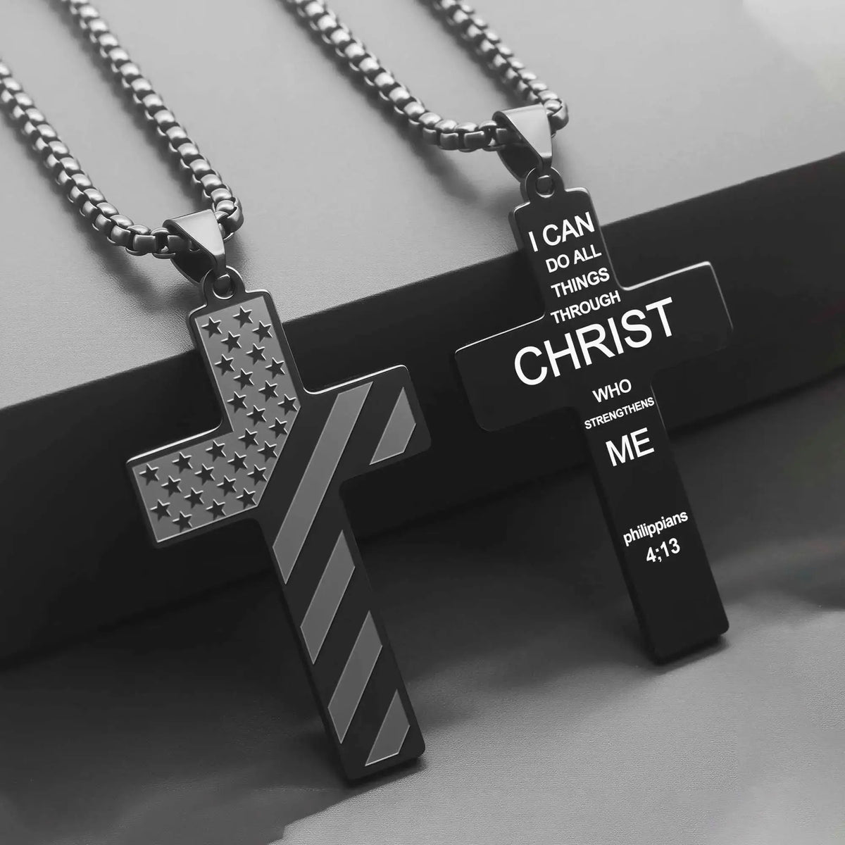 Stainless Steel USA Flag and Cross Bible Verse Necklace