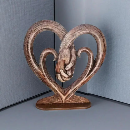 Valentines Day Gift Heart Holding Hands Art Sculpture Desk Decoration Wooden Retro Flat Heart Holding Hands Statue Forever Love