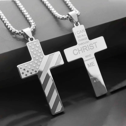Stainless Steel USA Flag and Cross Bible Verse Necklace