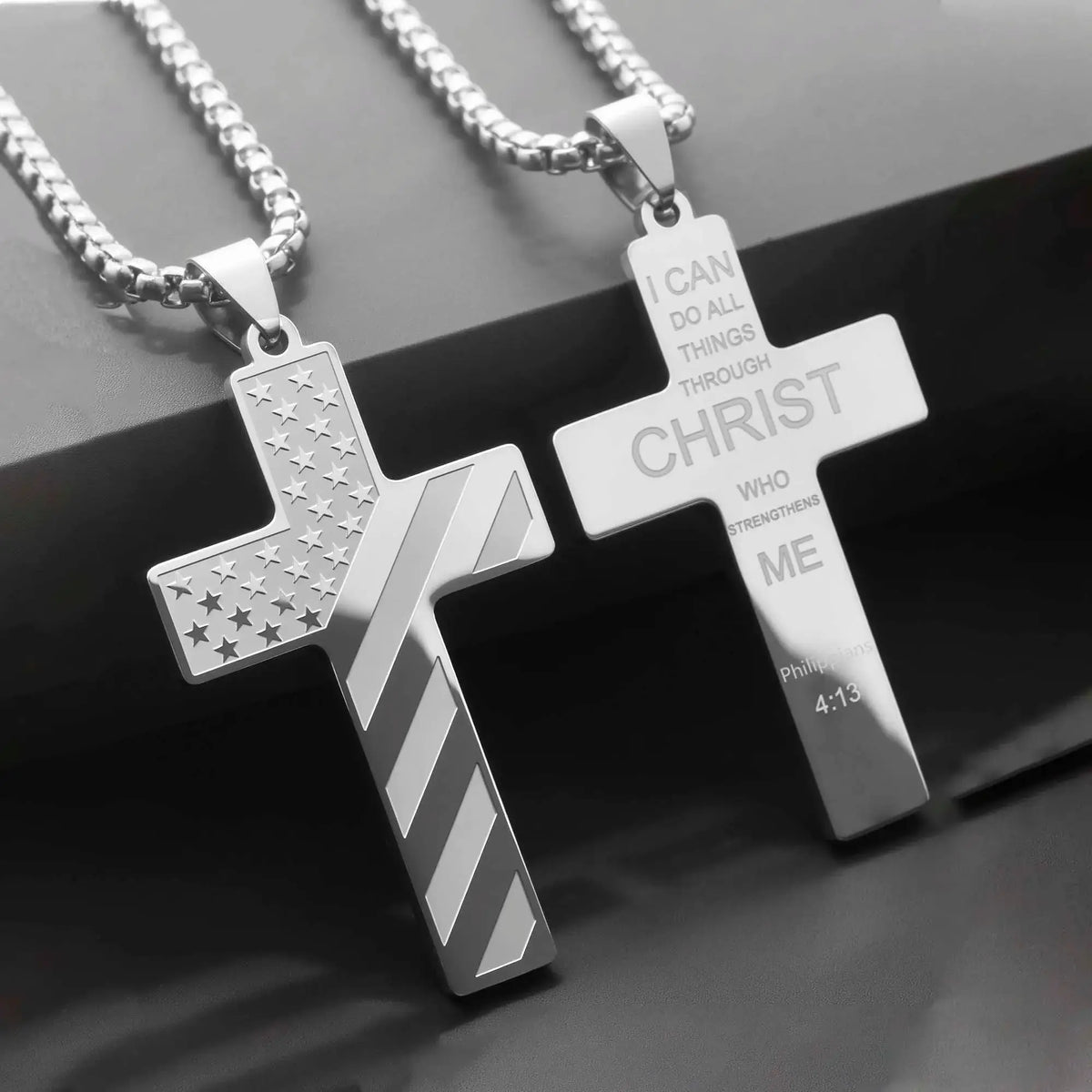 Stainless Steel USA Flag and Cross Bible Verse Necklace