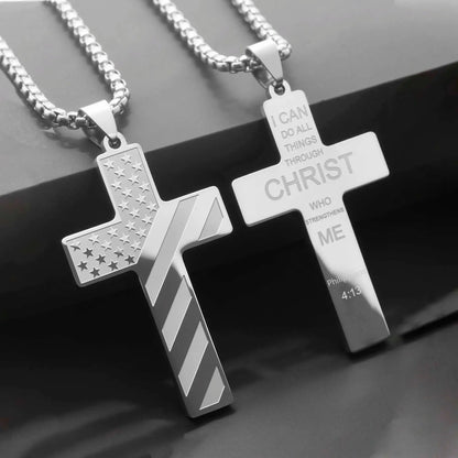 Stainless Steel USA Flag and Cross Bible Verse Necklace