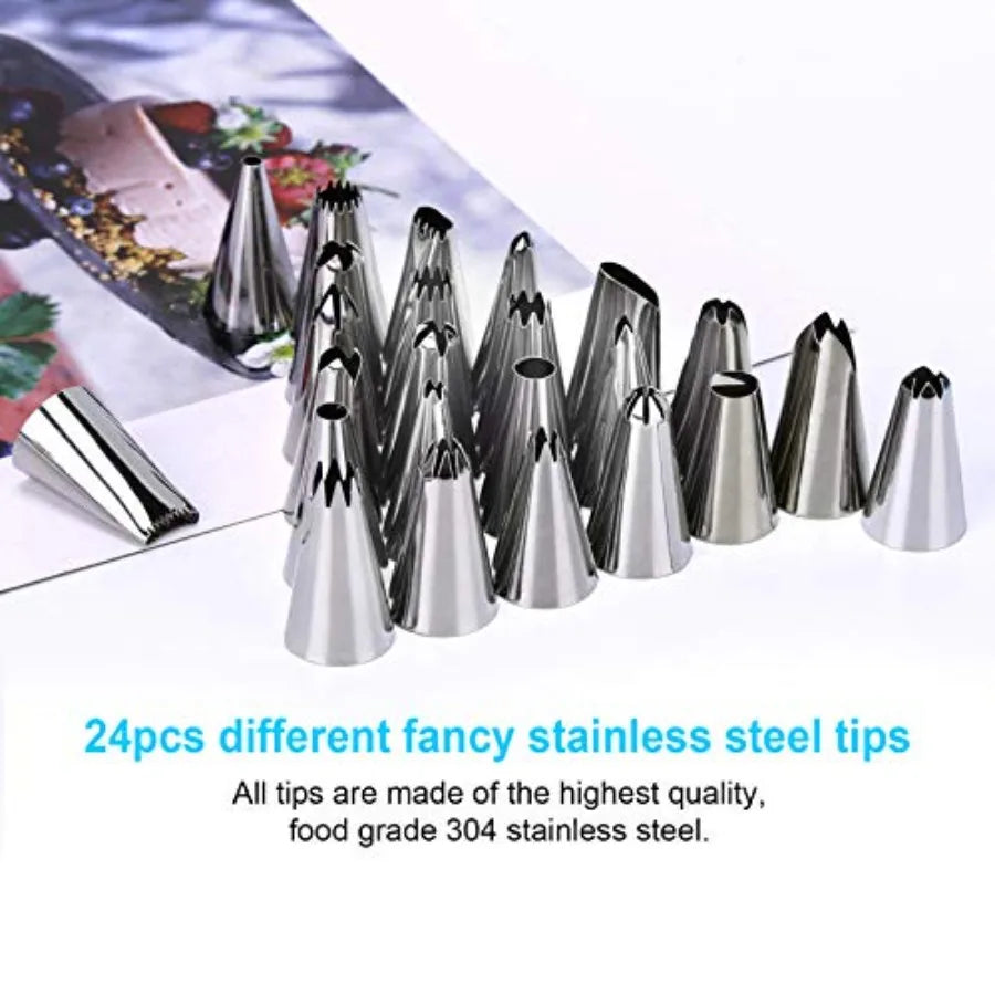 34Pcs Piping Bags and Tips Set Bake Cake Decorating Kit with 24 Stainless Steel Tips 2 Reusable Silicone Pastry Bags 3 Icing Sm