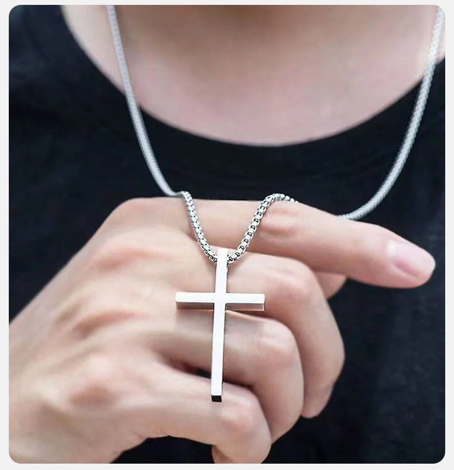 Cross Necklace for Men Women Silver Metal Pendant Stainless Steel Chain