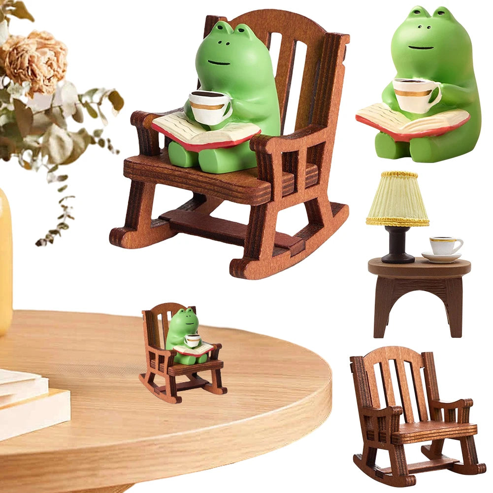 Handmade DIY Micro Rocking Chair Rocking Chair Design with Book Coffee Cute Frog Fat Miniature Home Bedroom Office Decoration