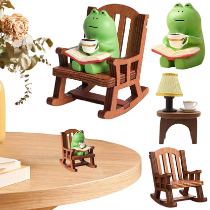 Handmade DIY Micro Rocking Chair Rocking Chair Design with Book Coffee Cute Frog Fat Miniature Home Bedroom Office Decoration