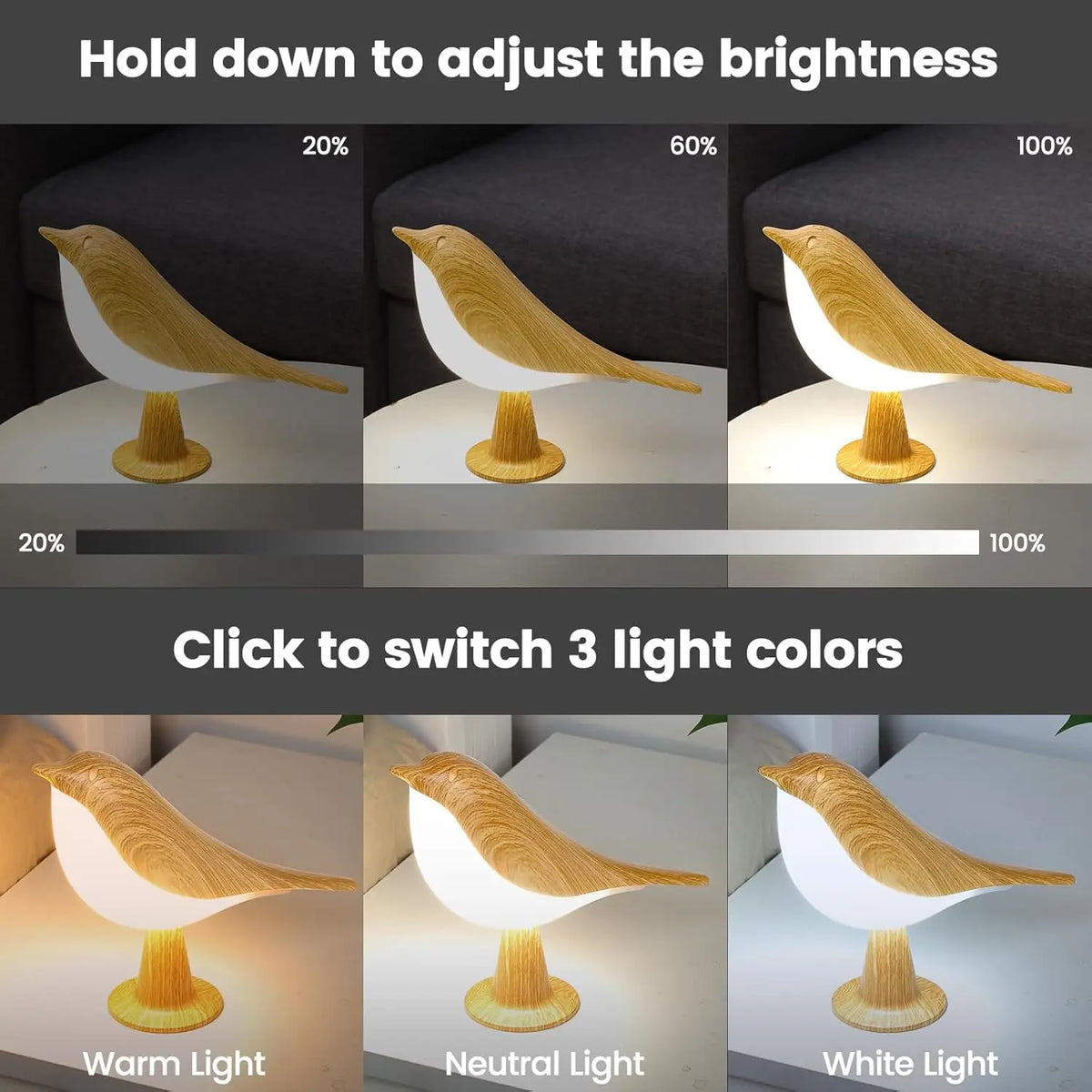 LED Bird Lamp Touch Control Cordless Night Light Dimmable USB Rechargeable Lamp
