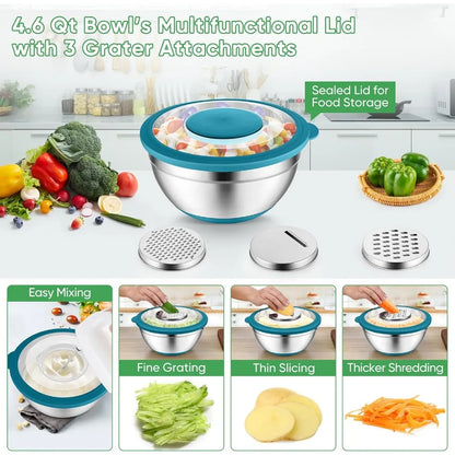 P&P CHEF Mixing Bowls with Lids Set of 3, Stainless Steel Mixing Bowl and Colander for Kitchen, 3 Grater Attachments & Non-Slip