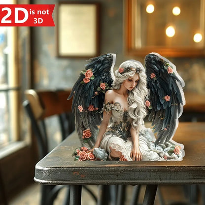 1 piece of 2D elegant angel with big black wings and roses, desktop decor, perfect for home, office desk or cafe, unique gift