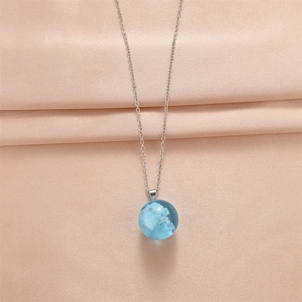 1pc Blue Sky with White Clouds Pattern Round Resin Pendant Necklace Transparent