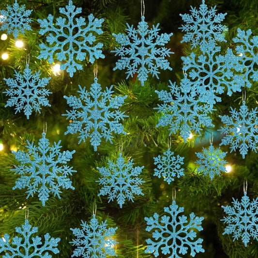 36pcs Christmas Light Blue Snowflake Ornaments Plastic Glitter Snow Flakes Ornaments for Winter Christmas Tree Decorations Size