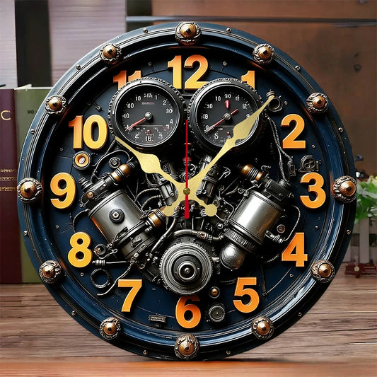 2D Flat Exquisite Engine Wooden Round Silent Hanging Wall Clock, For Living Room, Office, Study Room, Bedroom, Home Decoration.