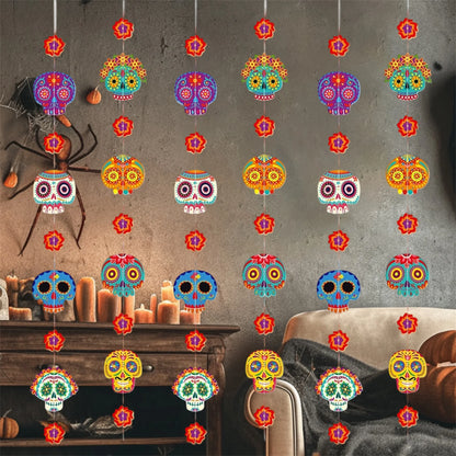 Day of the Dead Party Supplies 8 Pcs Sugar Skull Decorations Mexican Fiesta Banner for Home Wall Door Hanging Decorations