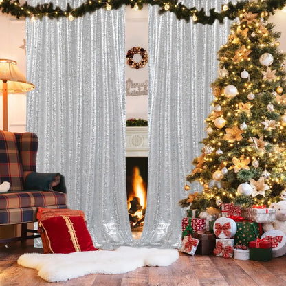Silver Sequin Backdrop Curtains 8 Panels 2FTx8FT Wedding Photo Backdrop Glitter Birthday Bridal Party Curtains Sparkle Backgroun