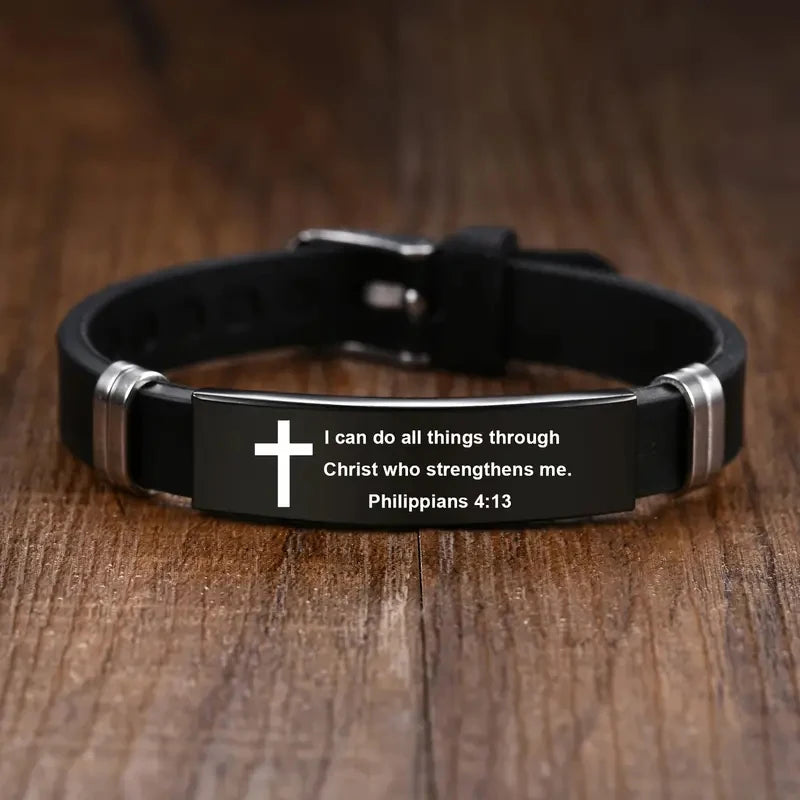 Cross Bible Verse Bracelet Black Stainless Steel Inspirational Bracelets