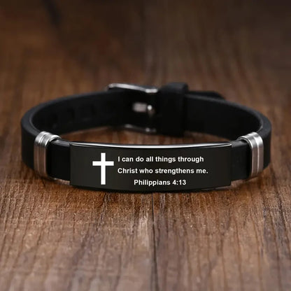 Cross Bible Verse Bracelet Black Stainless Steel Inspirational Bracelets