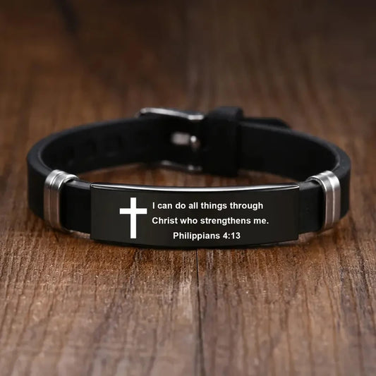 Cross Bible Verse Bracelet Black Stainless Steel Inspirational Bracelets