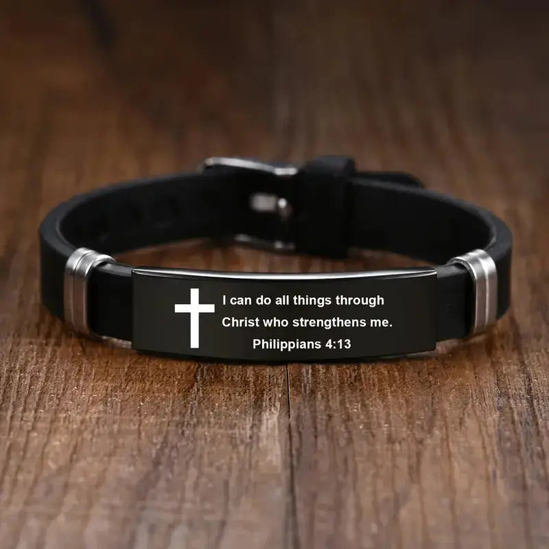 Cross Bible Verse Bracelet Black Stainless Steel Inspirational Bracelets