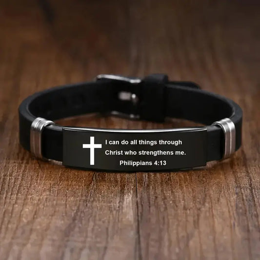 Cross Bible Verse Bracelet Black Stainless Steel Inspirational Bracelets