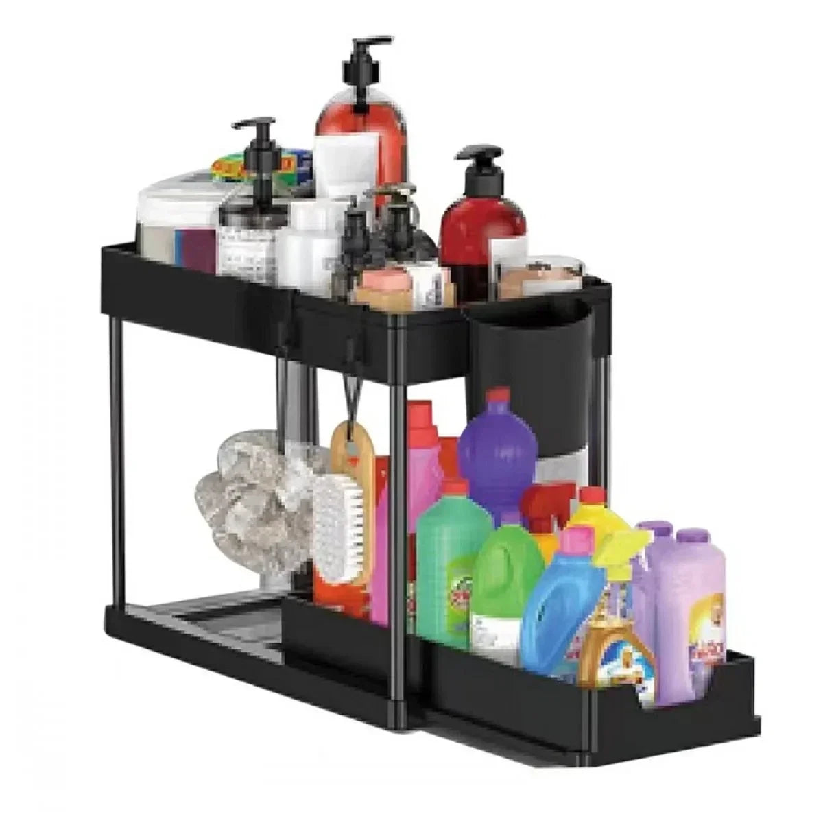 Under Sink 2 Tier Sliding Cabinet Basket Organizer Storage Rack with Hooks Hanging Cup Bathroom Multifunctional Storage Rack