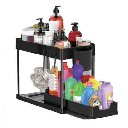 Under Sink 2 Tier Sliding Cabinet Basket Organizer Storage Rack with Hooks Hanging Cup Bathroom Multifunctional Storage Rack