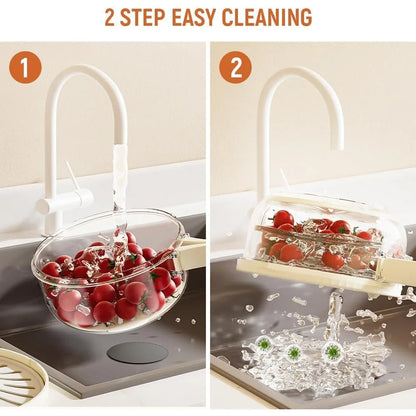 Fruit Storage Containers for Fridge, Bilayer Collapsible Fruit Washing Basket with Cover and Handle, Multifunctional Drain Bowl