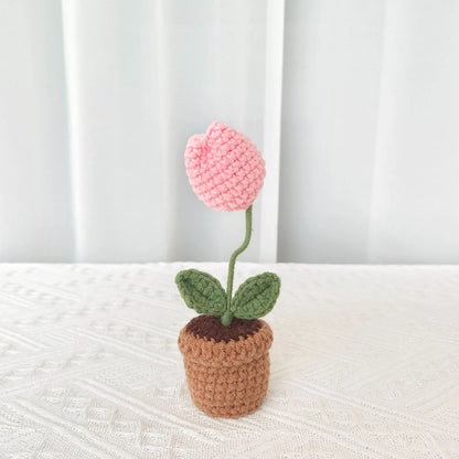 New Hand Knitting Potted Plants Handwoven Rose Sunflower Tulip Crochet Flower Bouquet Potted Ornament Table Home Room Decoration