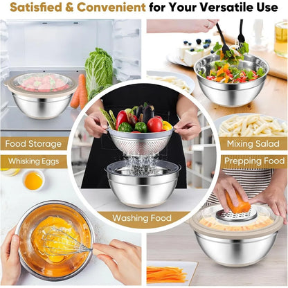 P&P CHEF Mixing Bowls with Lids Set of 3, Stainless Steel Mixing Bowl and Colander for Kitchen, 3 Grater Attachments & Non-Slip