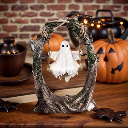 Ghost on Tree Swing Statue Resin Small Ghost Figurine Multi-Purpose Lovely Ghost Decorations for Desktop Bookshelf Decor