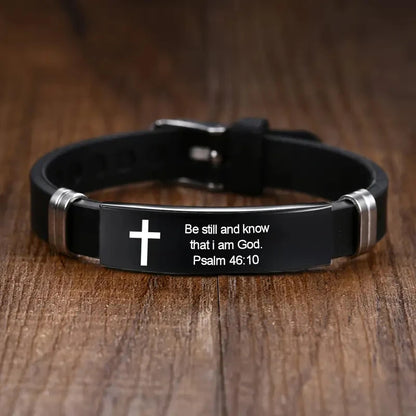 Cross Bible Verse Bracelet Black Stainless Steel Inspirational Bracelets