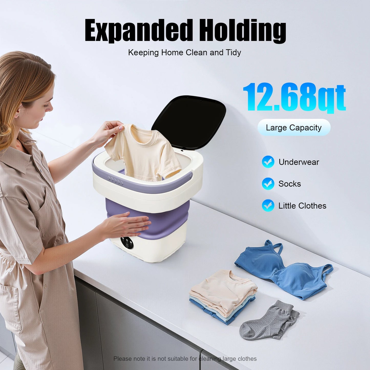 Mini Foldable Washing Machine 12L Capacity Pure Copper Motor 3 Washing Modes Easy To Move for Baby Clothes Underwear