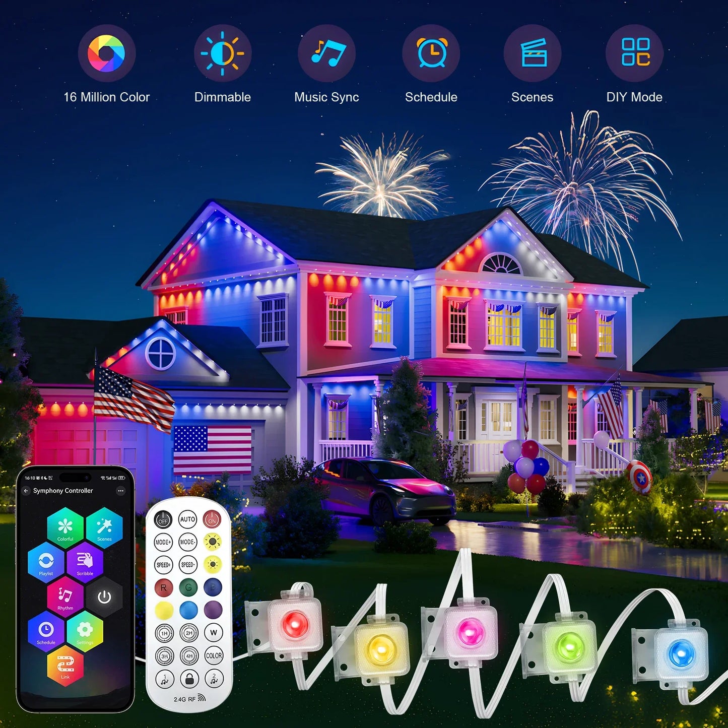 147FT 90LEDs Permanent Outdoor Light String APP Smart RGBIC Eaves LED Lights DIY Scene Modes Christmas Party Lighting Decoration