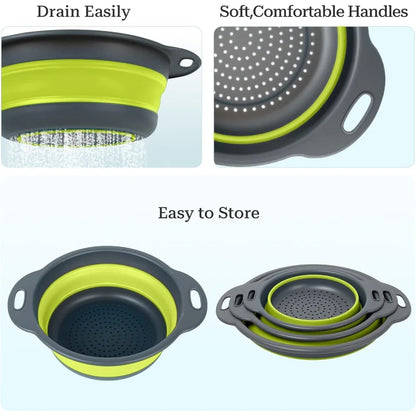 Collapsible Colander 3-Pack Set Space-Saving Foldable Kitchen Strainer with Non-Slip Base Durable Thickened PP+TPE Collapsible S