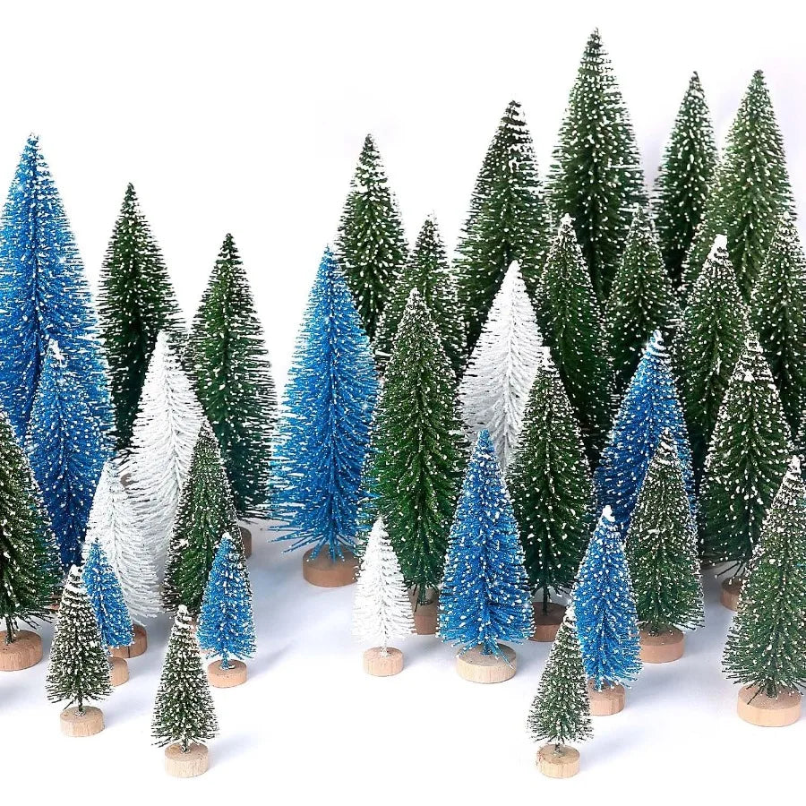30Pcs Mini Christmas Trees Artificial Christmas Tree Bottle Brush Trees with Wooden Base for Christmas Decor Christmas Party Ho