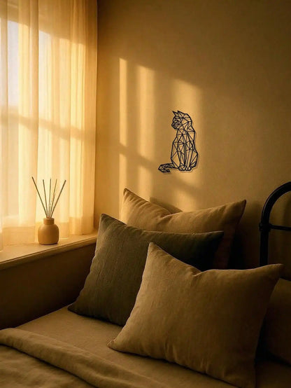 Boho Chic Wrought Iron Cat Wall Decor - Modern Geometric 3D Metal Art, Handcrafted -Aesthetic Room Decor for Living Room Bedroom